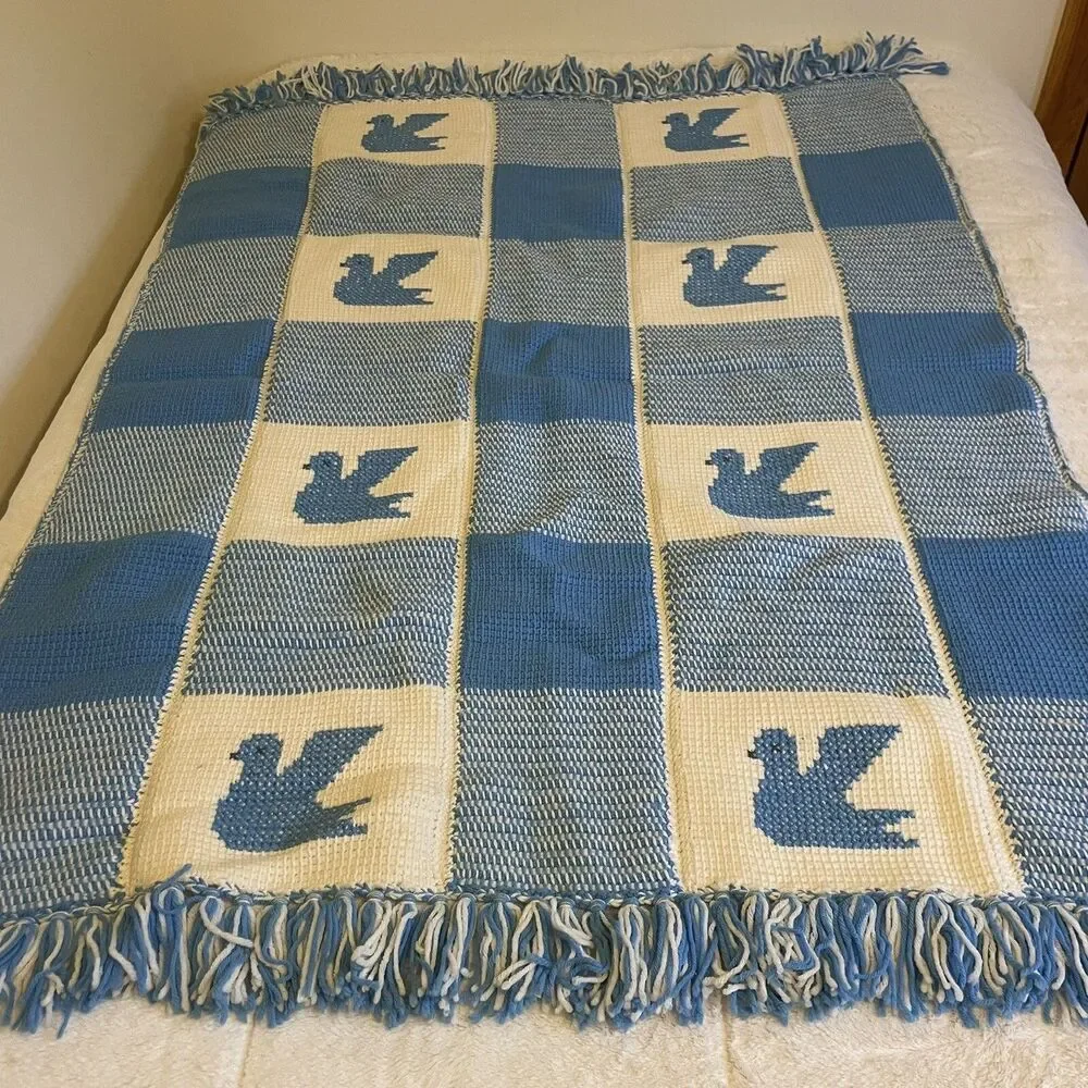 Handmade Crocheted Granny Square Bird Afghan Throw Lap Blanket Blue Cream 46x64”